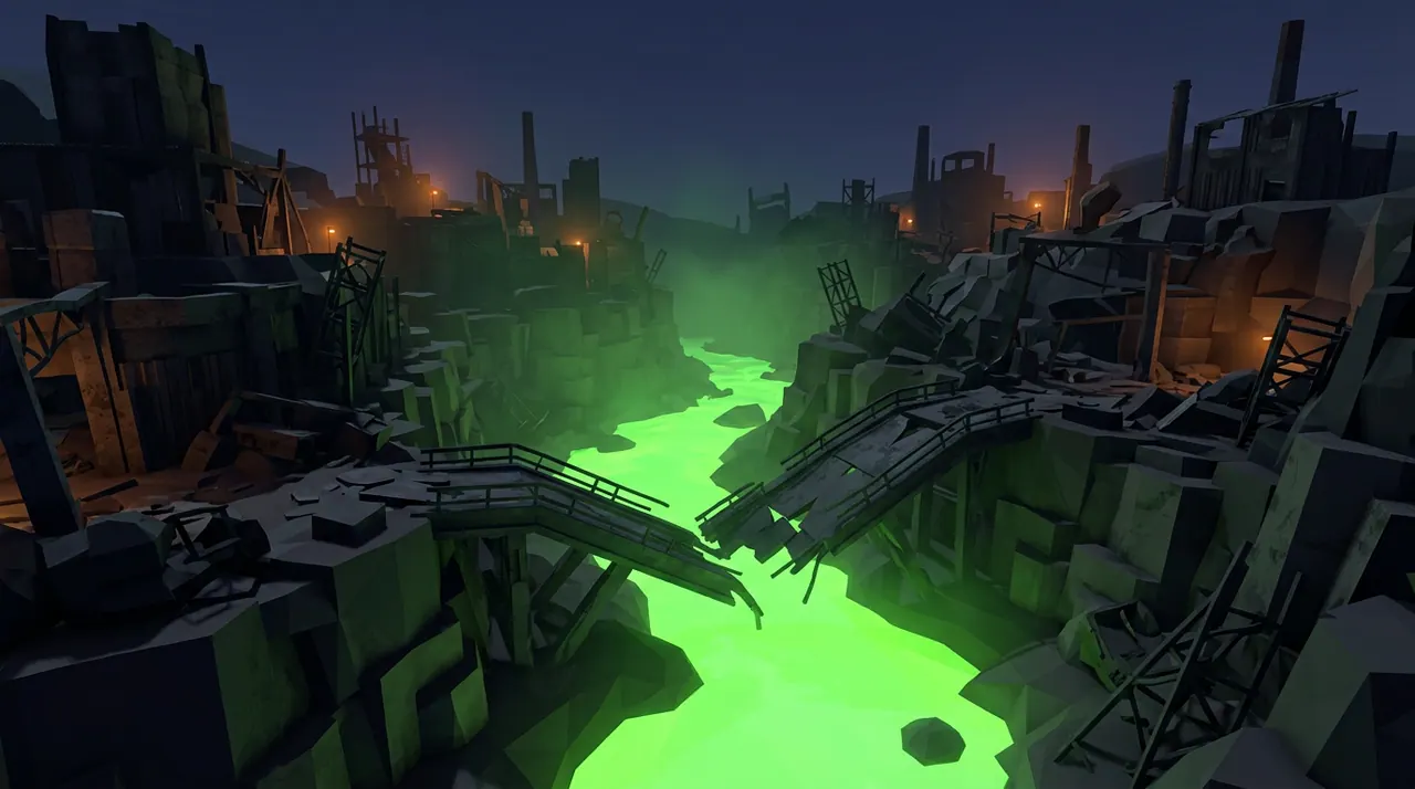 Toxic river glowing beneath a broken bridge