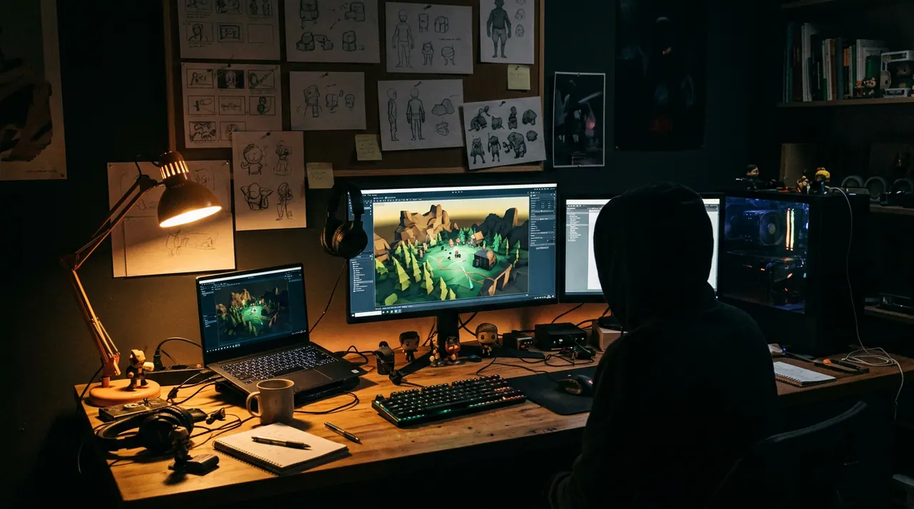 Woxu developer desk at night with a low-poly scene open in the editor